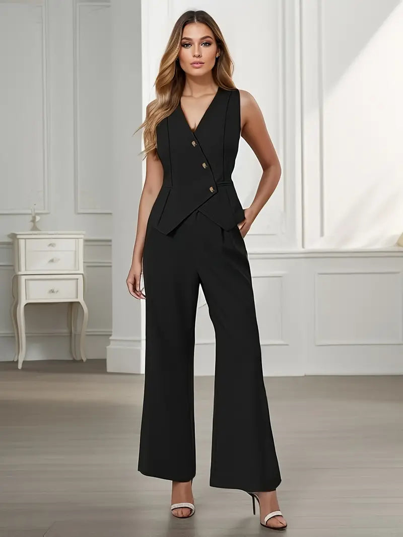 Women's Two Piece Tailored Vest and Wide Leg Pants Set