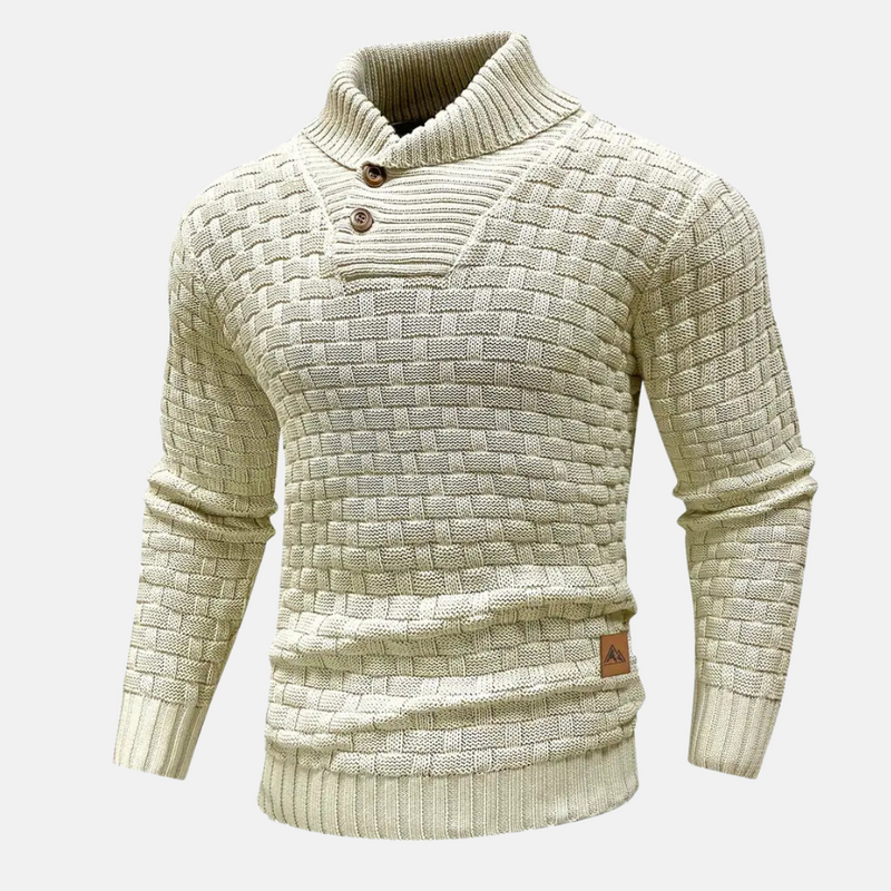 Men’s Textured Knit Jumper with Shawl Collar and Button Detail