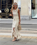 Women's Crochet Lace Two-Piece Set with Sleeveless Top and Midi Skirt