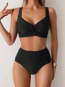 Women's High-Waist Bikini Set with Wide Strap Top and Ruched Bottoms