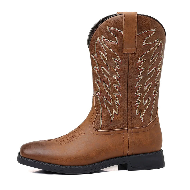 Men’s Western Cowboy Boots Embroidered Mid-Calf Classic Square Toe