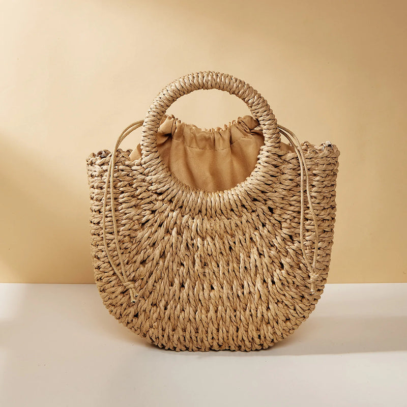 Women's Straw Crossbody Bag with Half-Moon Shape and Top Handles