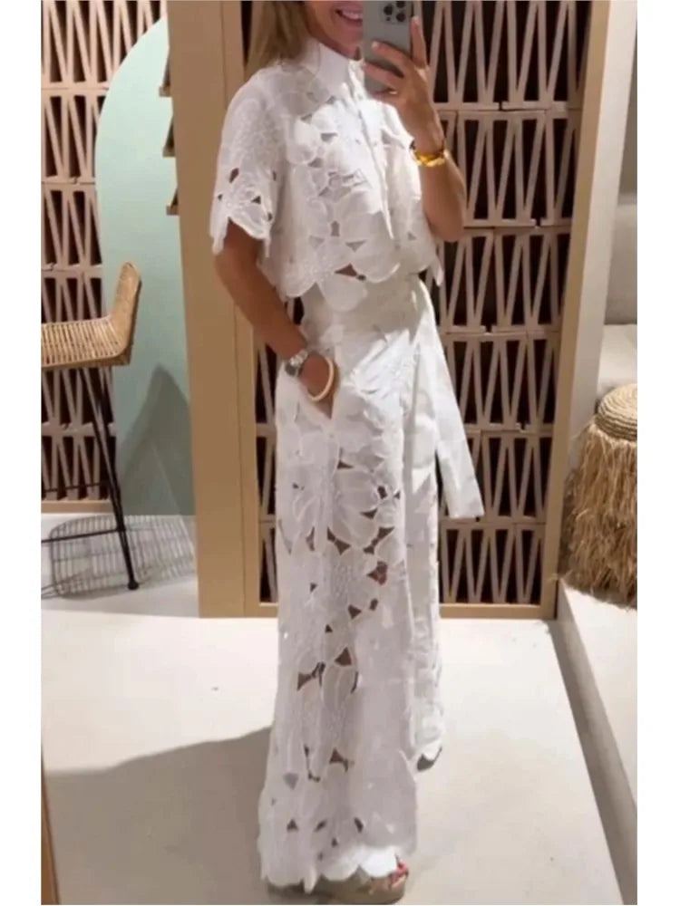 Women's Two Piece Set with Floral Cutout Shirt and Wide Leg Pants