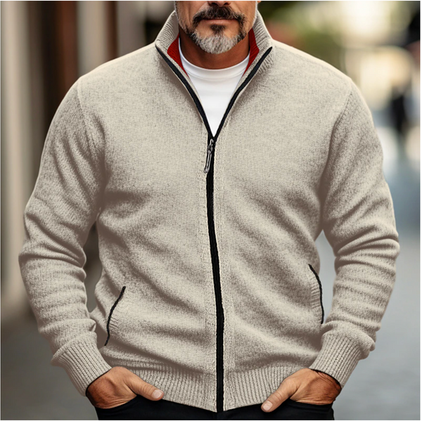 Men's Zip-Up Cardigan with High Collar and Soft Knit Finish
