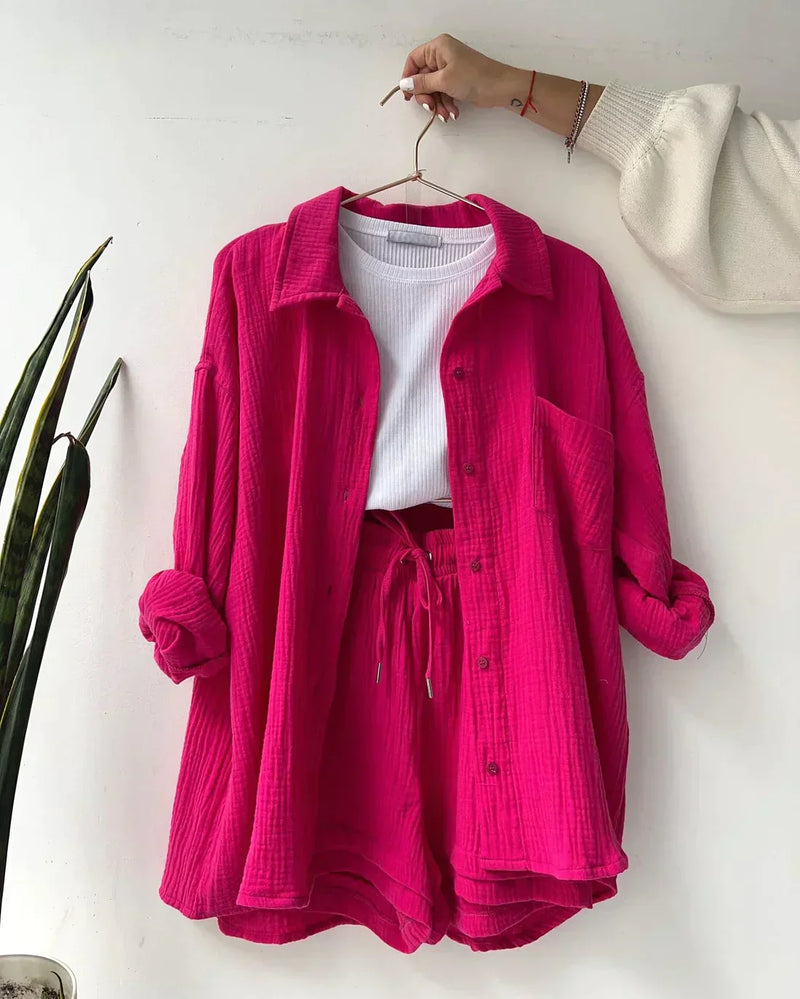 Women's Two-Piece Shorts Set with Button-Down Shirt