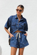 Women's Denim Two-Piece Short Set with Shirt Jacket