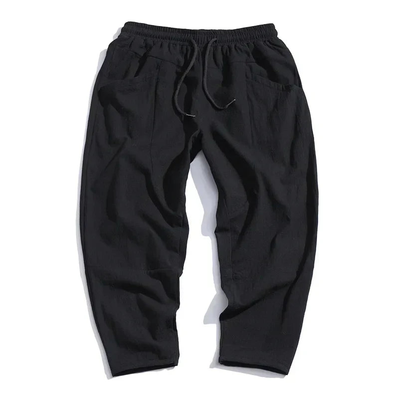 Men's Relaxed Fit Cropped Pants with Elastic Waist and Side Pockets