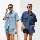 Women's Denim Two-Piece Short Set with Shirt Jacket