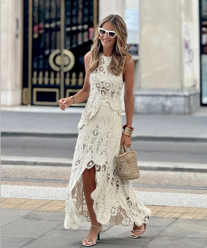 Women's Crochet Lace Two-Piece Set with Sleeveless Top and Midi Skirt