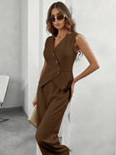 Women's Two Piece Tailored Set with Sleeveless Vest and Wide Leg Pants