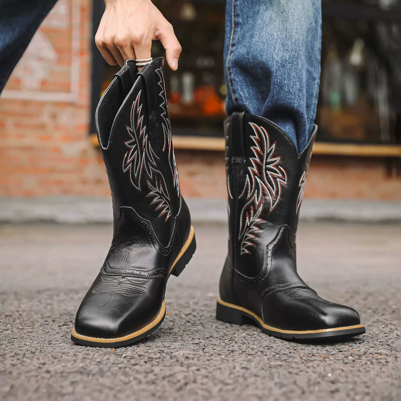 Men’s Western Cowboy Boots Embroidered Mid-Calf Classic Square Toe
