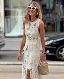 Women's Crochet Lace Two-Piece Set with Sleeveless Top and Midi Skirt