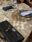 Women's Woven Shoulder Handbag with Top Handle and Flap Closure