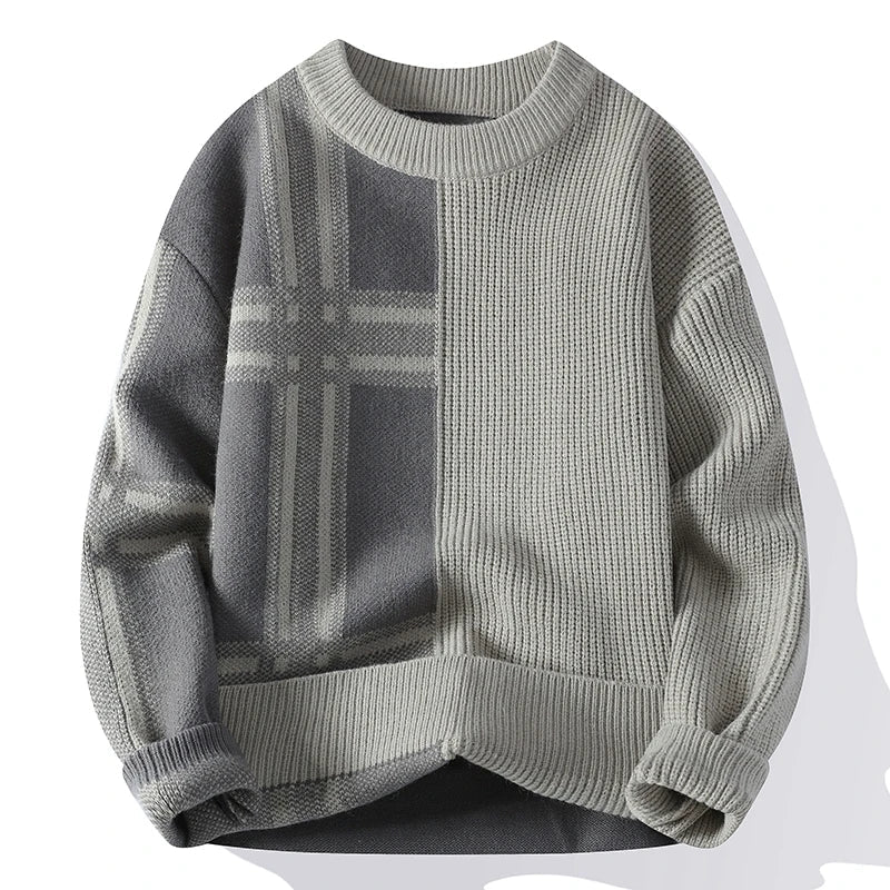 Men’s Modern Patchwork Crew Neck Jumper with Minimalist Design