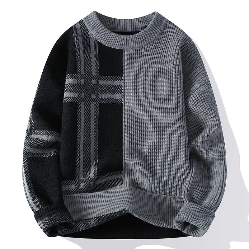 Men’s Modern Patchwork Crew Neck Jumper with Minimalist Design