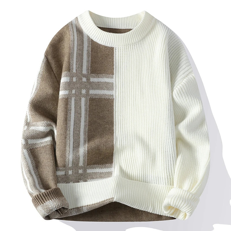 Men’s Modern Patchwork Crew Neck Jumper with Minimalist Design