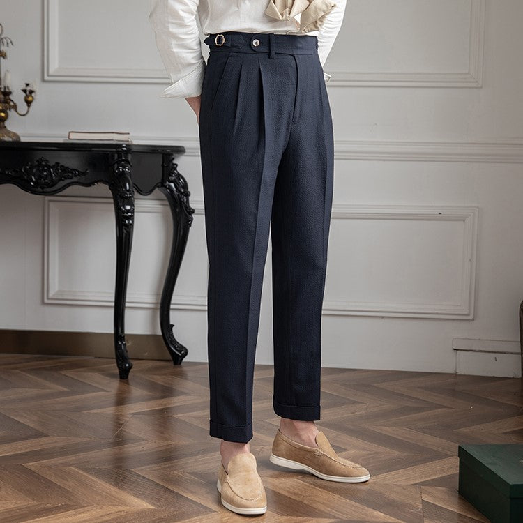 Men's High Waisted Work Trousers Pleated Ankle Length Classic Fit