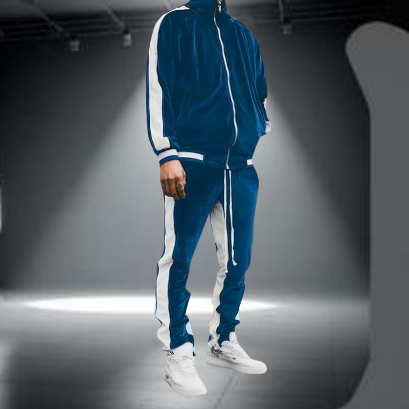 Men's Velvet Tracksuit 2-Piece Set with Zipper and Drawstring