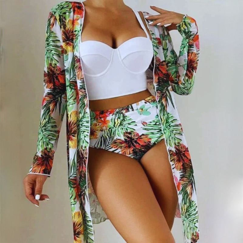 Women's 3-Piece Bikini Set with High-Waisted Bottoms and Sheer Cover-Up