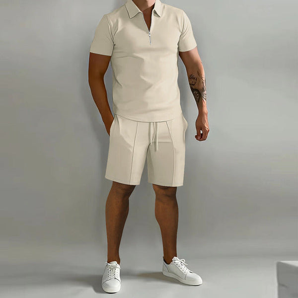 Men's Summer Two-Piece Set with Zipper Polo Shirt and Shorts