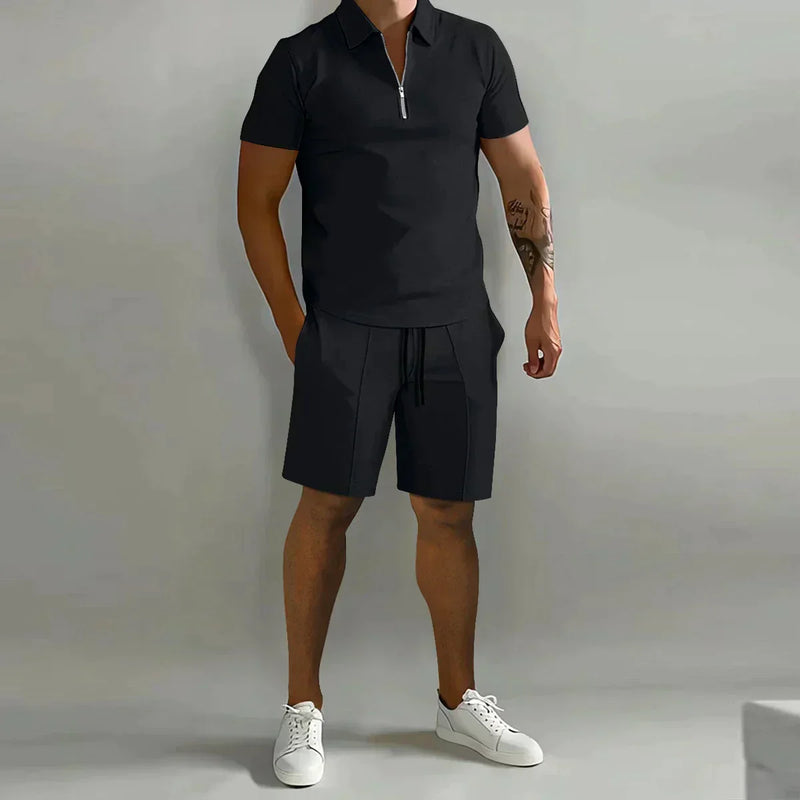 Men's Summer Two-Piece Set with Zipper Polo Shirt and Shorts