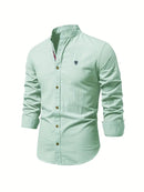 Men's Long-Sleeve Button-Up Shirt with Mandarin Collar and Logo