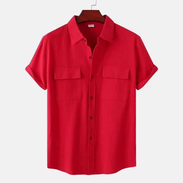 Men's Short-Sleeve Casual Shirt with Front Pockets and Button Closure