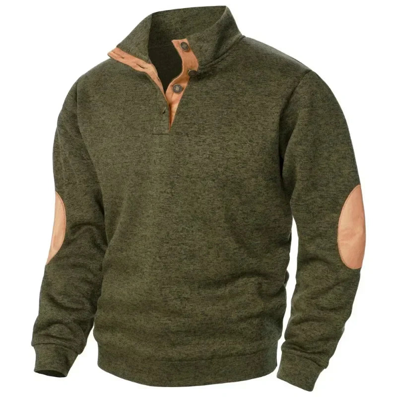 Men’s Button Neck Jumper with Stand Collar and Elbow Patches