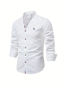 Men's Long-Sleeve Button-Up Shirt with Mandarin Collar and Logo