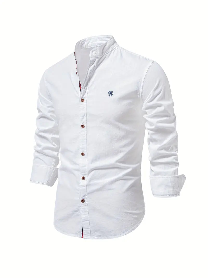 Men's Long-Sleeve Button-Up Shirt with Mandarin Collar and Logo