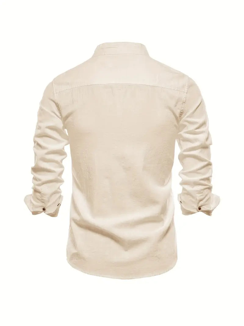 Men's Long-Sleeve Button-Up Shirt with Mandarin Collar and Logo