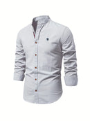 Men's Long-Sleeve Button-Up Shirt with Mandarin Collar and Logo