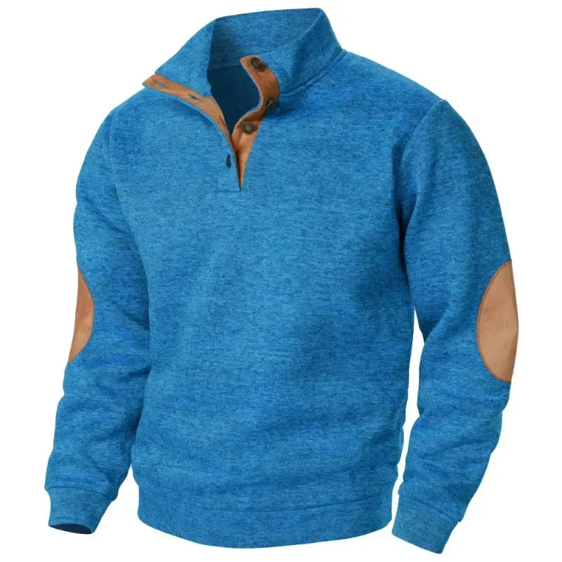 Men’s Button Neck Jumper with Stand Collar and Elbow Patches