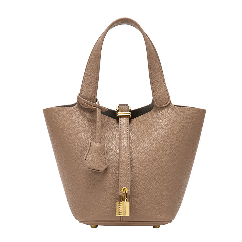 Women's Structured Top Handle Handbag with Gold Lock Accent Detail