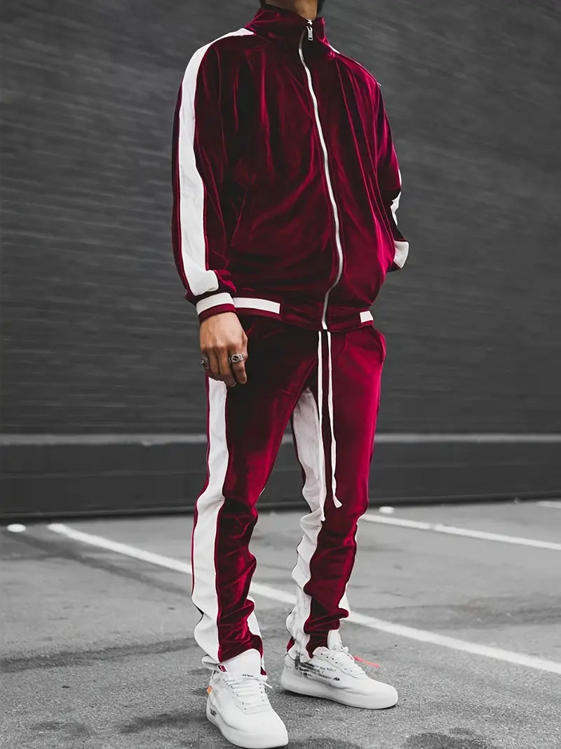Men's Velvet Tracksuit 2-Piece Set with Zipper and Drawstring