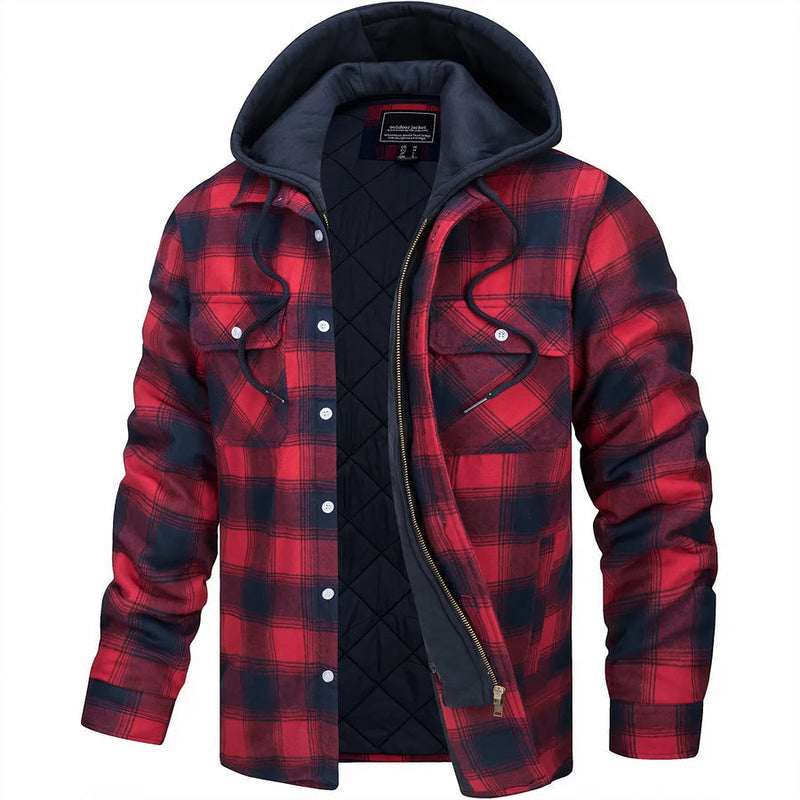 Men's Plaid Hooded Bomber Jacket with Quilted Lining