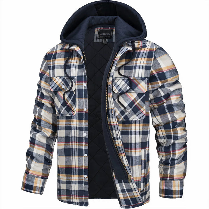 Men's Plaid Hooded Bomber Jacket with Quilted Lining