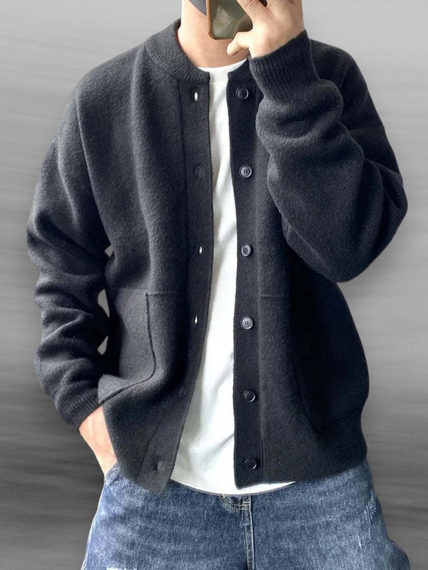 Men's Casual Button-Up Cardigan with Bomber Collar and Pockets