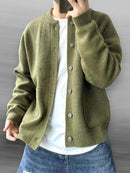 Men's Casual Button-Up Cardigan with Bomber Collar and Pockets