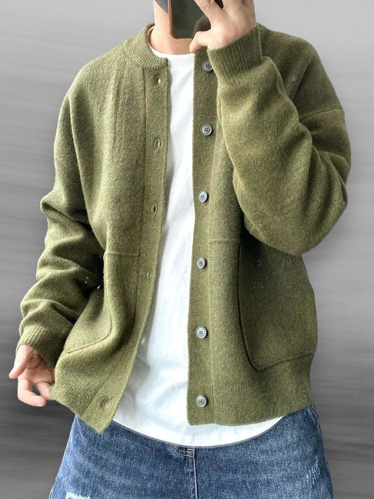 Men's Casual Button-Up Cardigan with Bomber Collar and Pockets