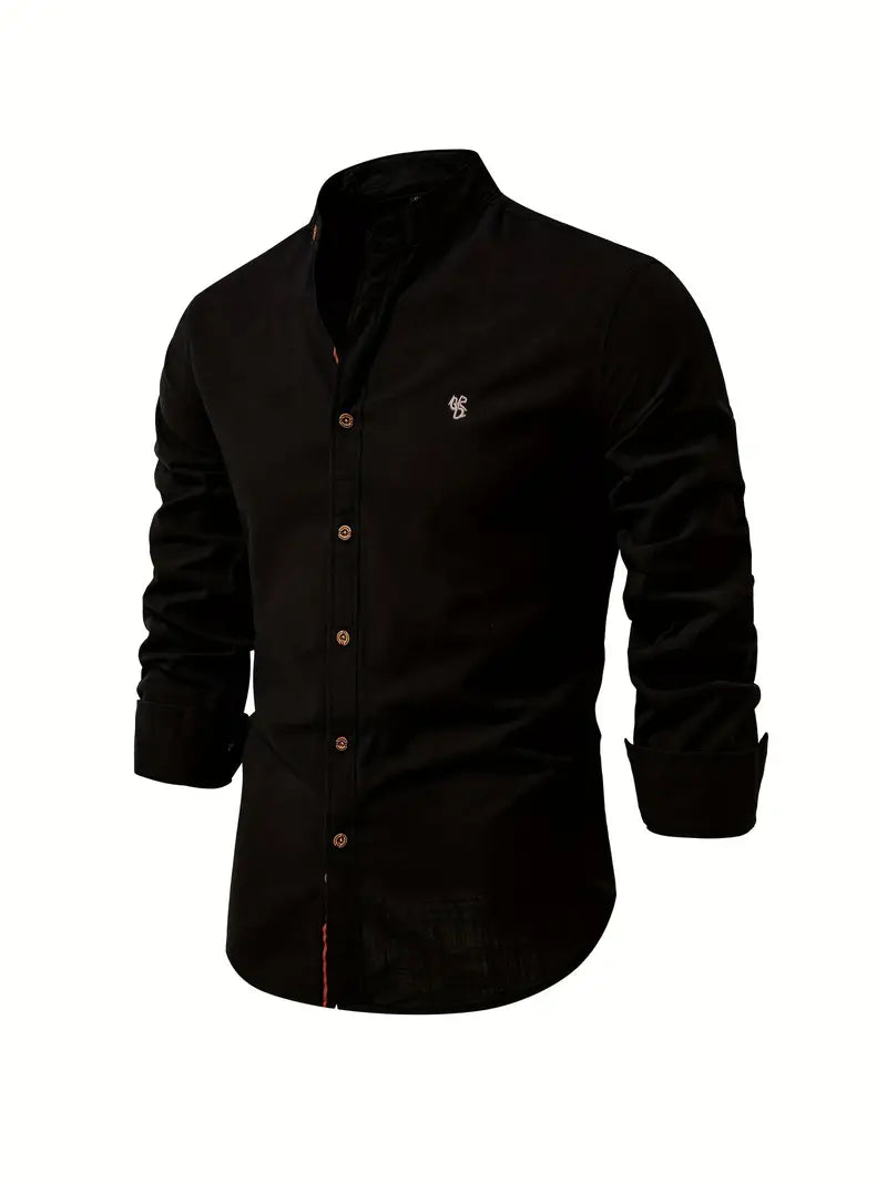 Men's Long-Sleeve Button-Up Shirt with Mandarin Collar and Logo