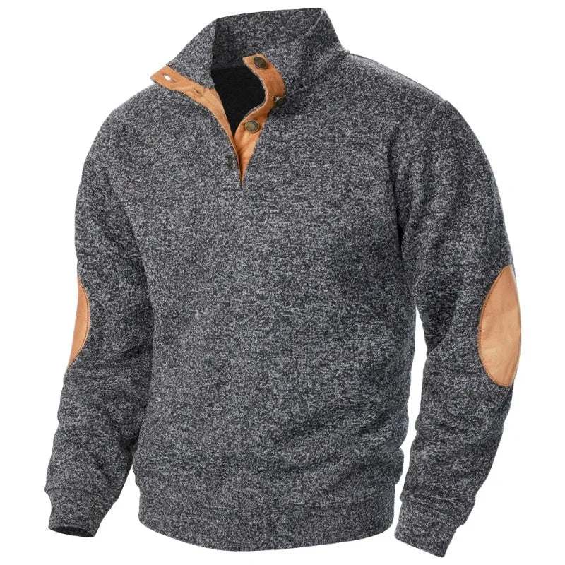 Men’s Button Neck Jumper with Stand Collar and Elbow Patches