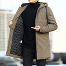 Men's Mid-Length Quilted Hooded Coat with Modern Zip Design