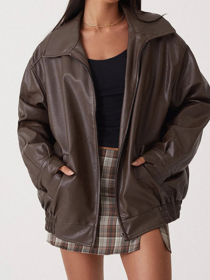 Women's Oversized Leather Bomber Jacket with Zipper Front