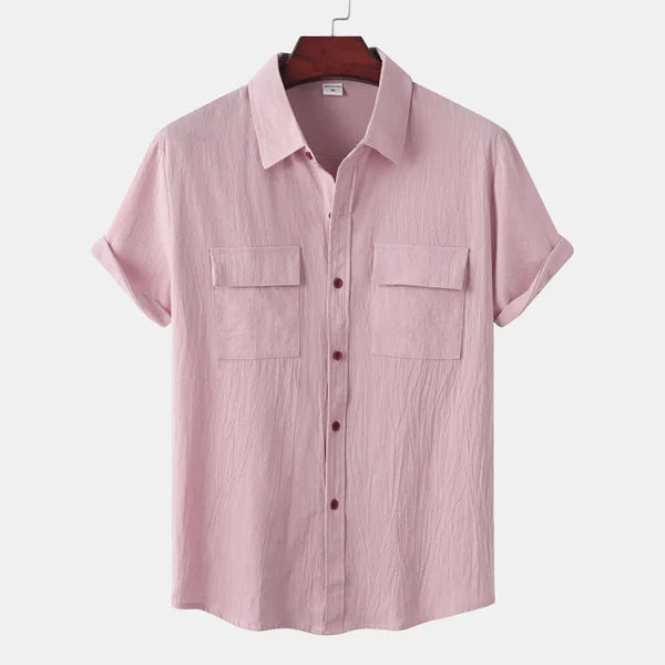 Men's Short-Sleeve Casual Shirt with Front Pockets and Button Closure