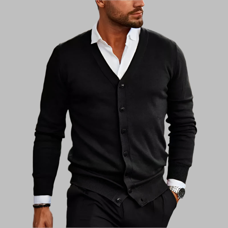 Men's Slim Fit V-Neck Cardigan with Button Front and Ribbed Hem