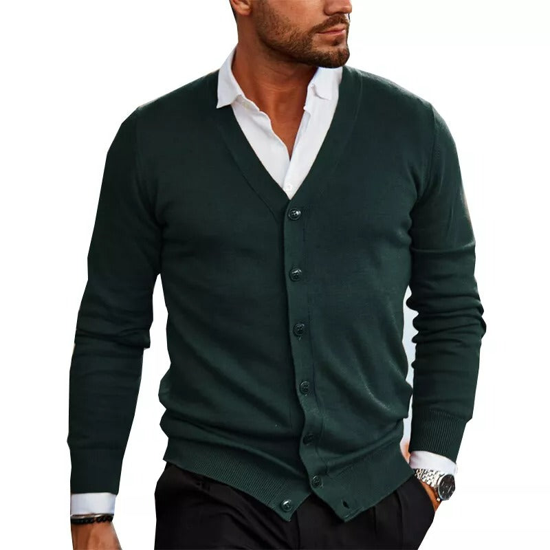 Men's Slim Fit V-Neck Cardigan with Button Front and Ribbed Hem