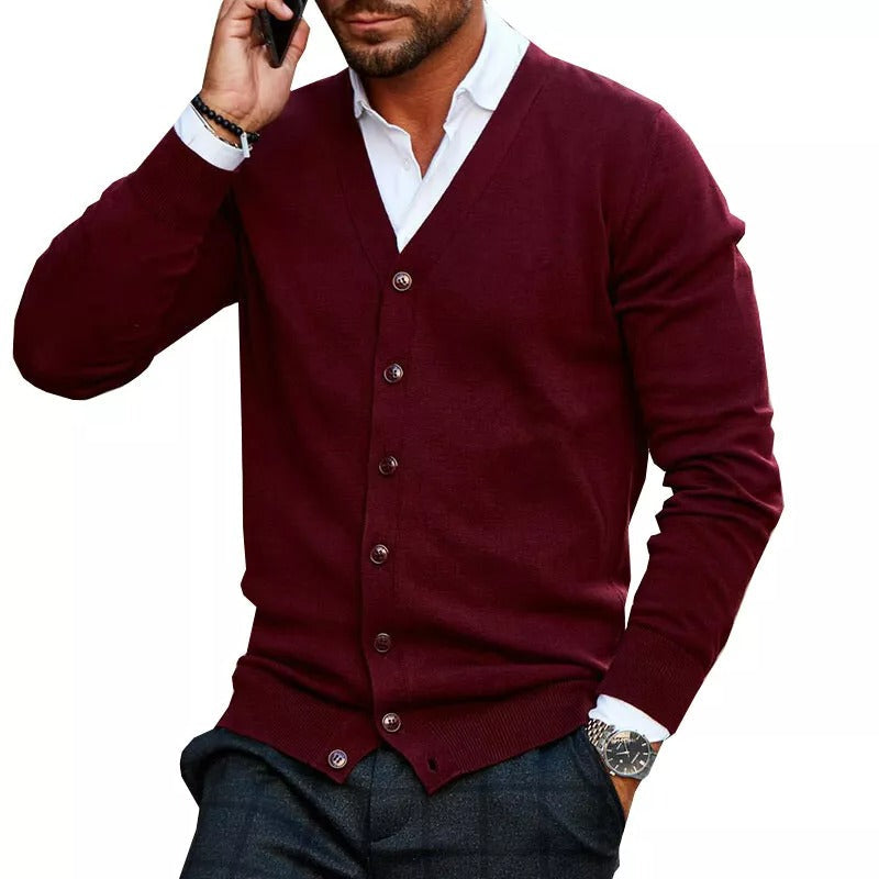 Men's Slim Fit V-Neck Cardigan with Button Front and Ribbed Hem