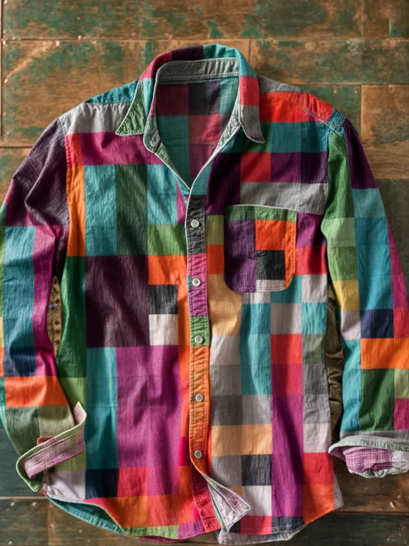 Men's Long Sleeve Patchwork Shirt with Pocket and Button Front