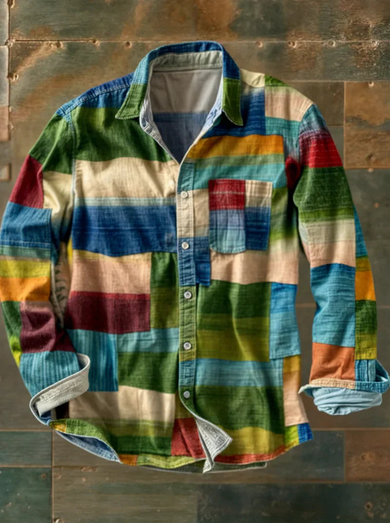 Men's Long Sleeve Patchwork Shirt with Pocket and Button Front